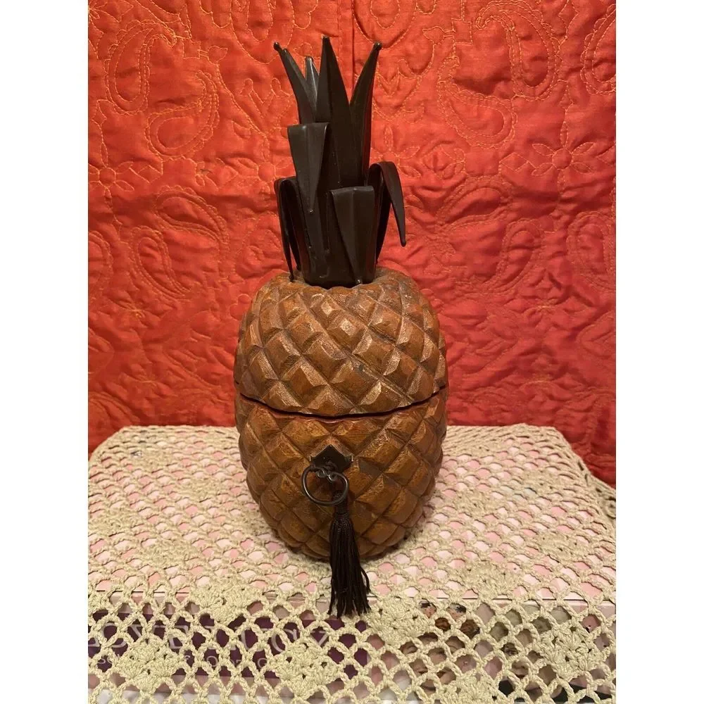 Vintage Wooden Pineapple Trinket Container - Hinged, 10